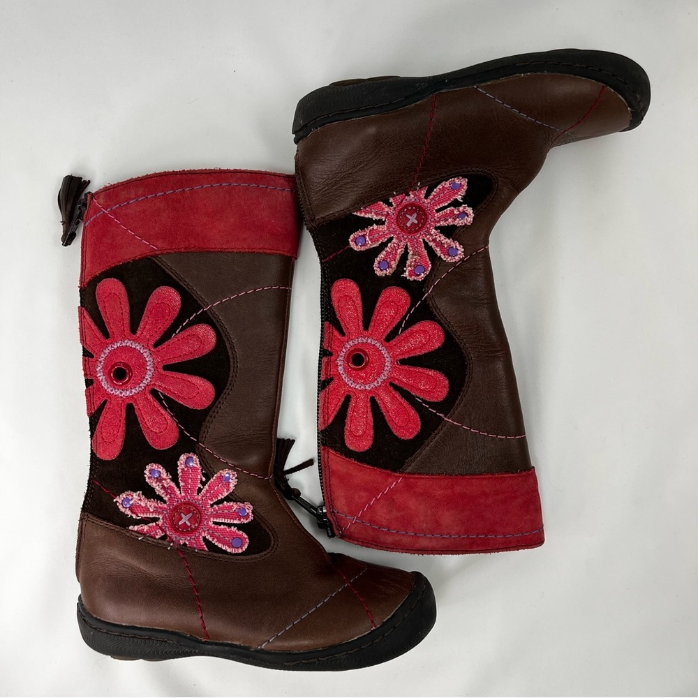 Umi Little Girl’s Brown Leather Flower Boots Child Toddler size 8.5 Zipper